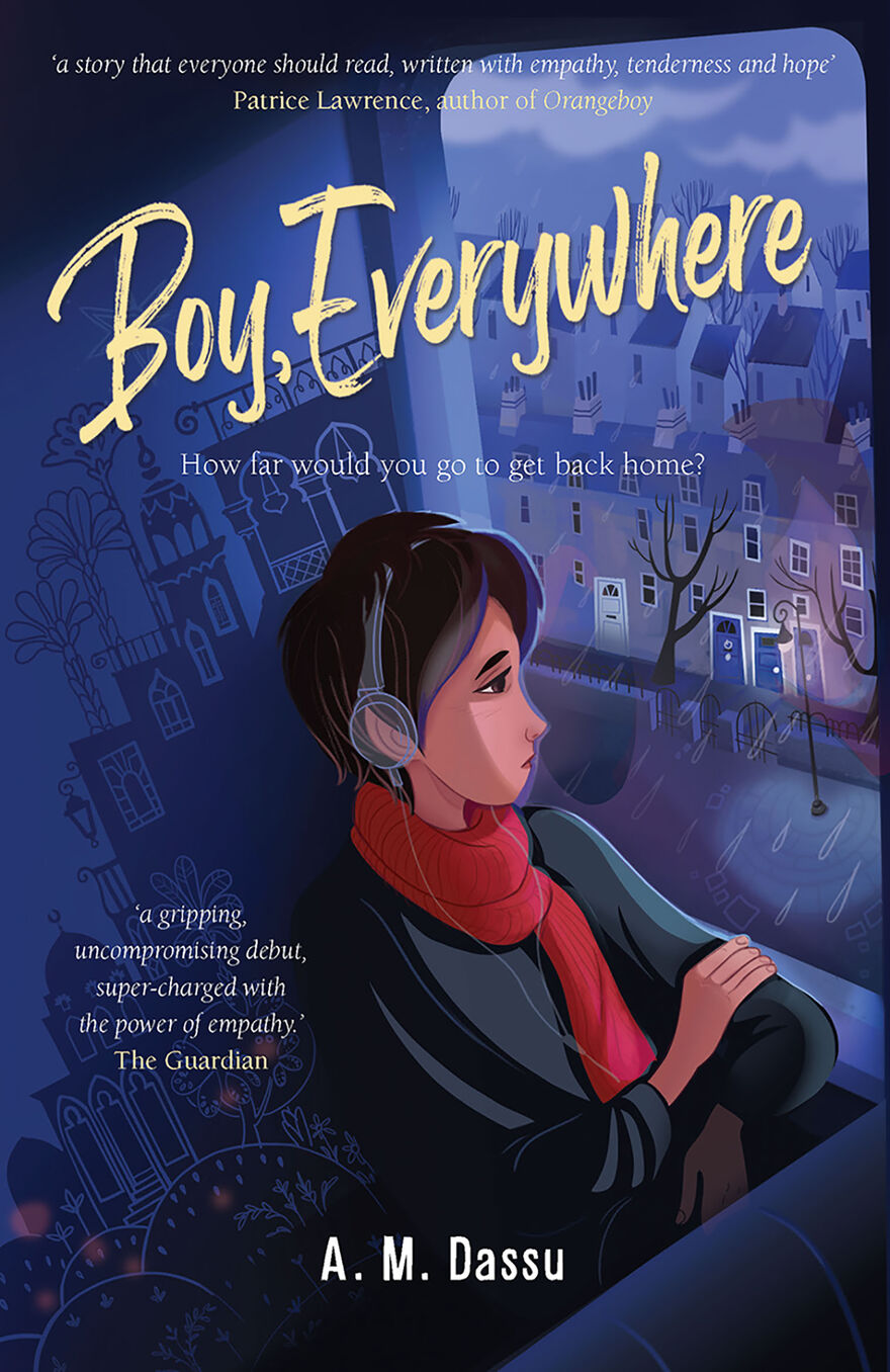 The front cover illustration of Boy Everywhere, a young boy stares out of the window at the dark rainy streets