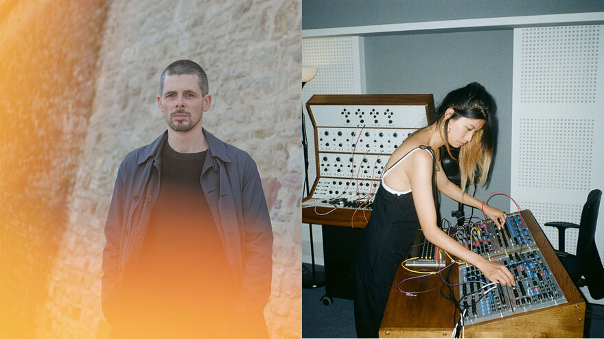 Left: Kassem Mosse in all black, with an orange glow in front of him. Right: Flora Yin-Wong in a black jumpsuit playing on deck in a studio