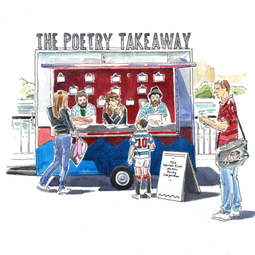An illustration of the Poetry Takeaway van with people standing outside