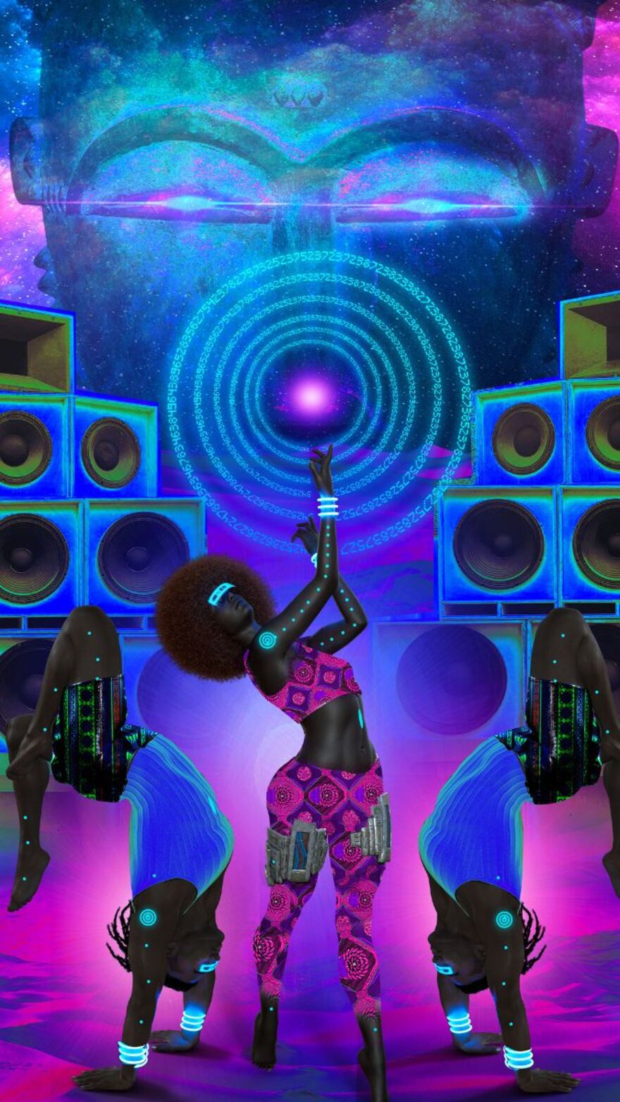A digital drawing of the Afrinaughts. They wear highly patterned club clothing with LED inspired lighting. Behind them are speaker systems and a stone like face