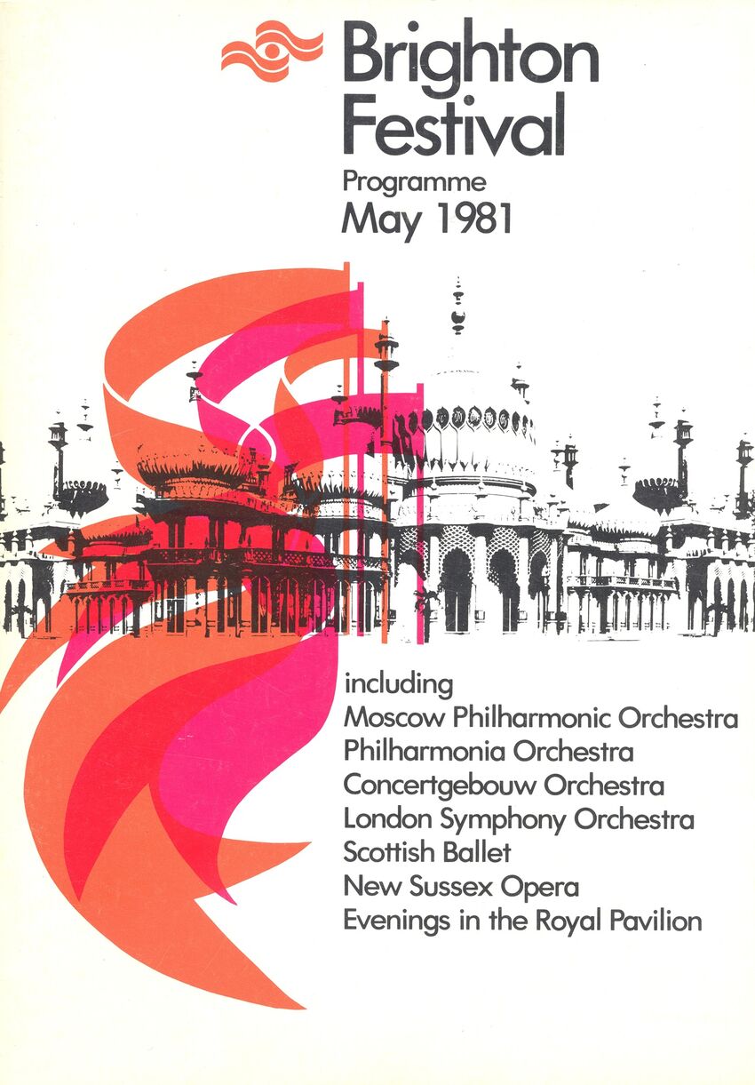 Brighton Festival 1981 brochure cover featuring an orange and pink motif layed over the royal pavilion