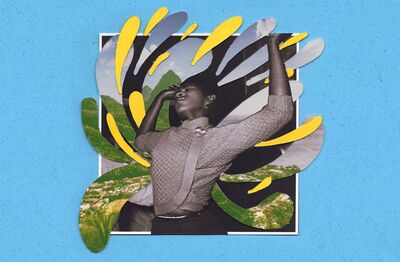 A collaged image. On a blue background is a black square with teardrop and leaf shapes coloured with a landscape image or yellow. On top of this is the cut out of a black person with their arms in the air