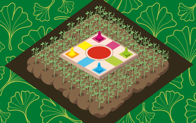A cartoon image of a square patch of young plants growing, with a board game at the centre of the square