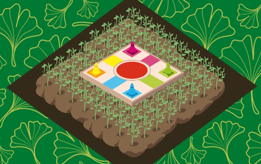 A cartoon image of a square patch of young plants growing, with a board game at the centre of the square