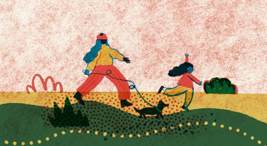A cartoon ullustration of two people walking a dog