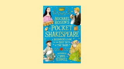 A blue book cover with Shakespeare characters drawn on the front