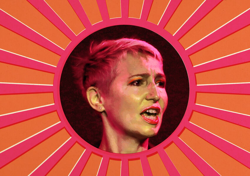A woman's face inside a circle