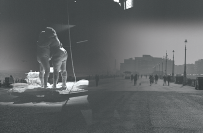 A black and white collage of the Soft Machines sculpture onto Hove Promenade