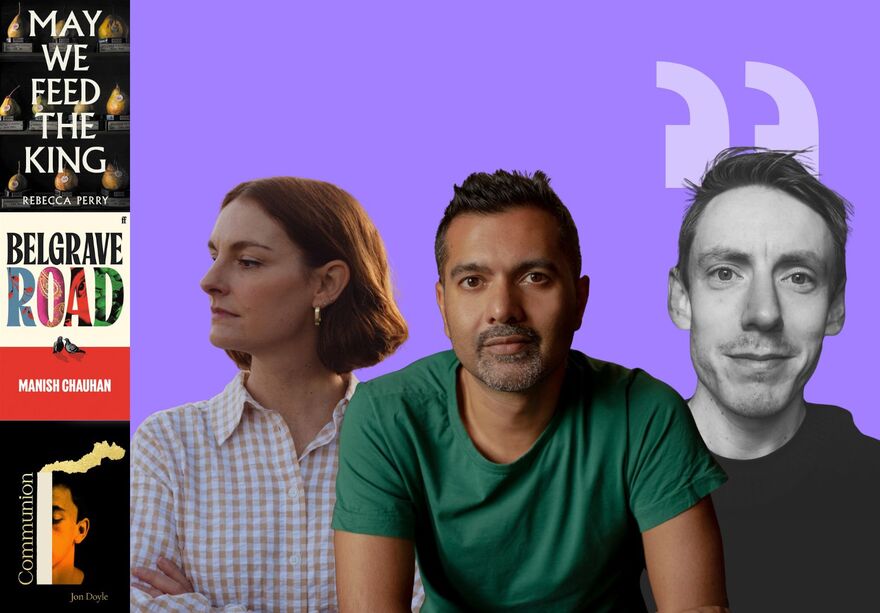 Collage of three portraits of Rebecca Perry, Manish Chauhan & Jon Doyle nest to the covers of all three of their books