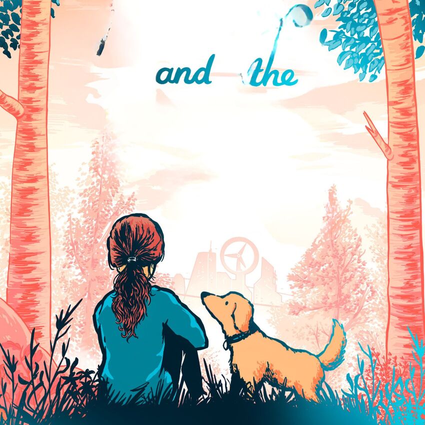 A girl sitting between two trees, with a small dog standing next to her