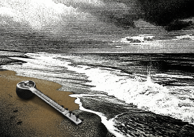 Black and white illustration of the beach where the sea meets the sand. There is a sitar laying on the sand on the left of the image