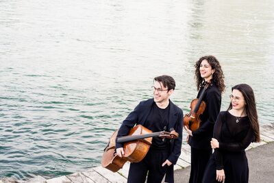 Three musicians in dark clothes stand by a river holding stringed instruments