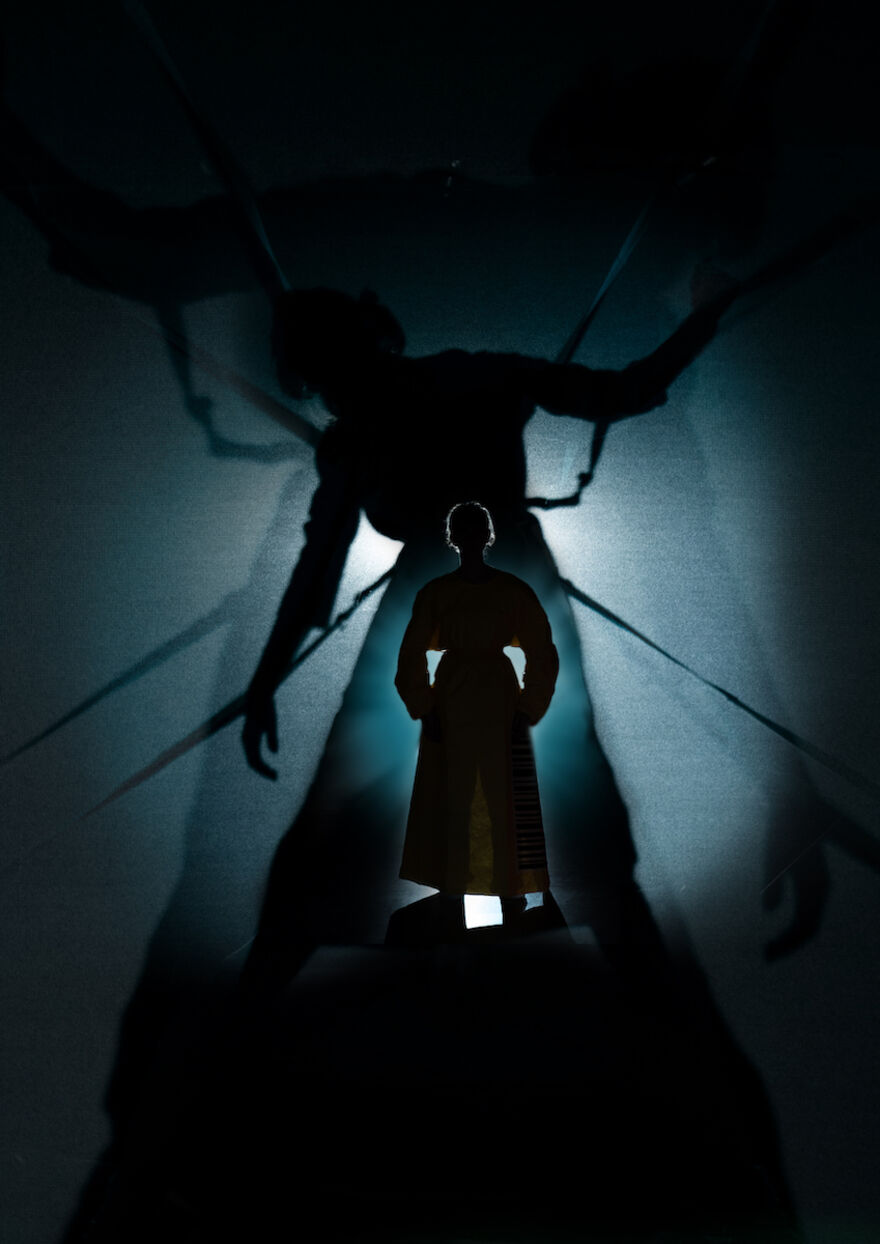 the silhouette of a person with bigger projections of silhouettes behind them 