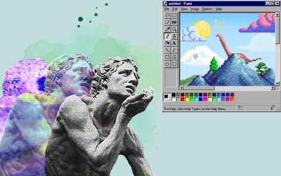 A computer generated-style image, with a glitching marble male sculpture, and MS Paint with a pixel image of a dinosaur on a mountain