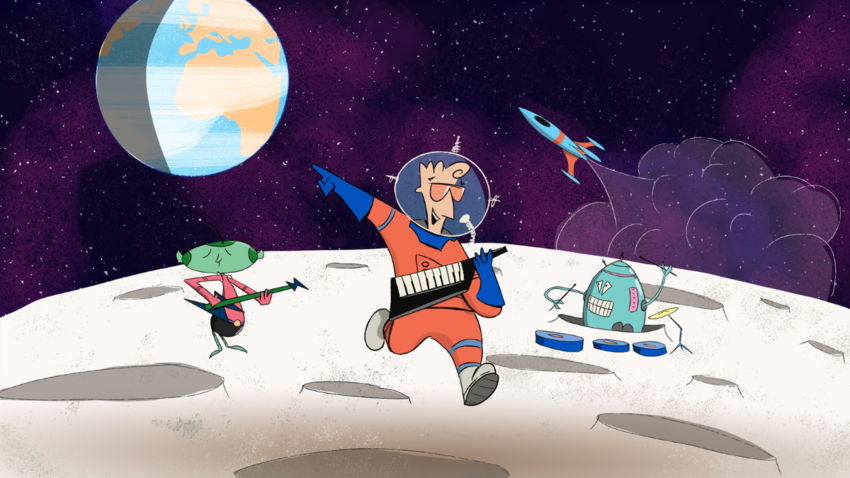 A animated image of an astronaut playing an instrument on the moon with a rocket and the earth behind