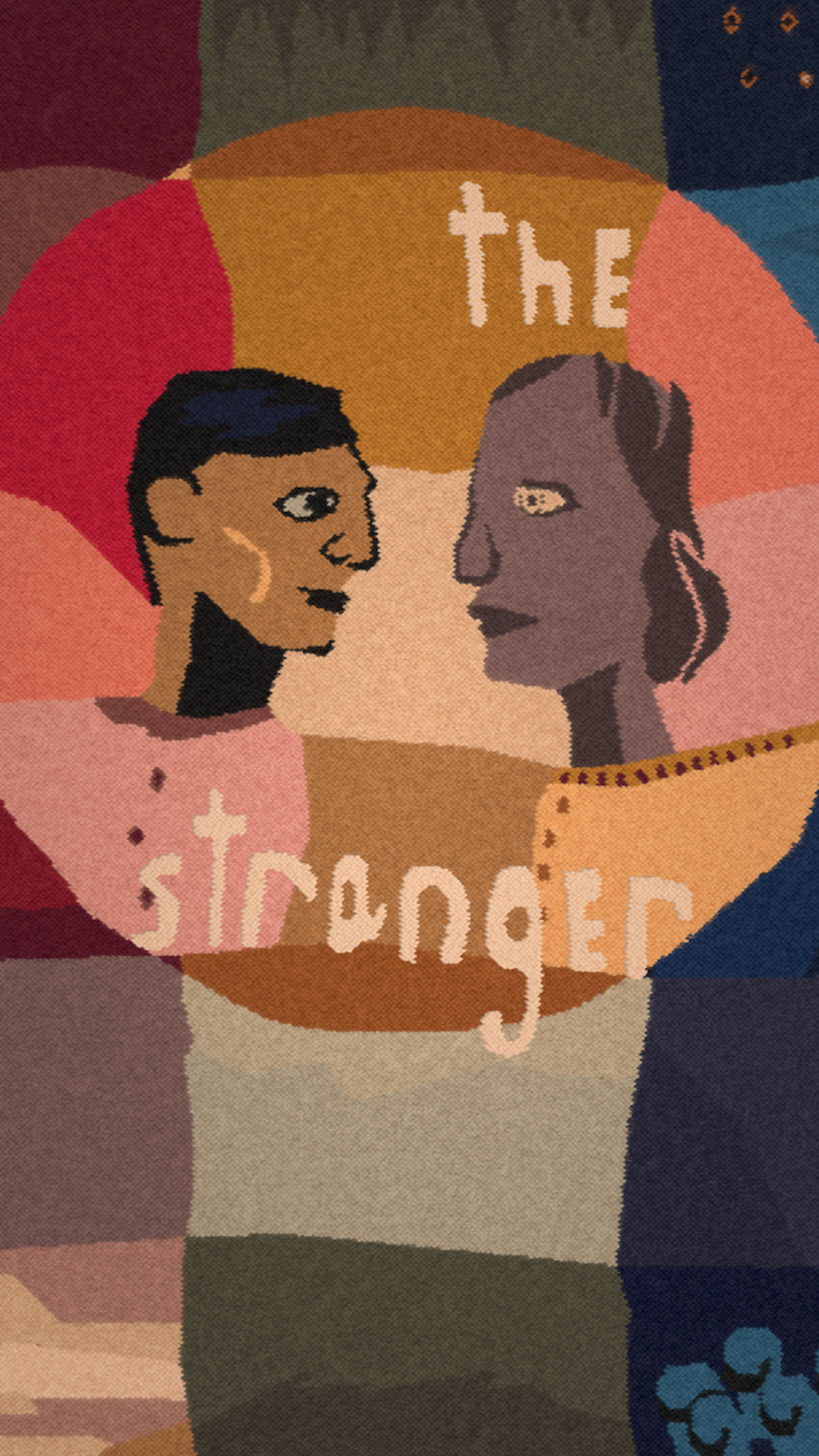 A patchwork-style image of two people and writing: The Stranger