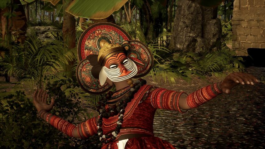 A dancer wearing a stripy mask and red clothes moves through a jungle landscape