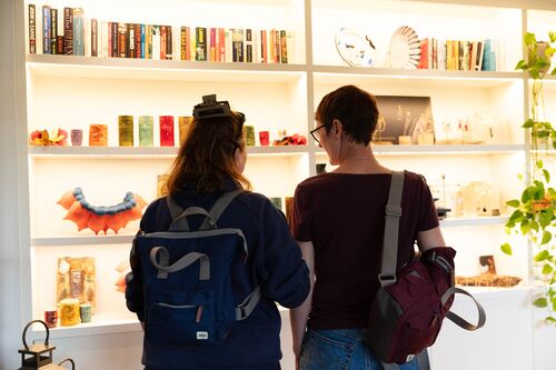 Two women looking at art on bookshelves