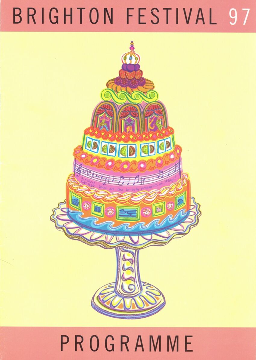 Brighton Festival 1997 brochure cover featuring an illustration of a large, colourful, multi tiered cake on a cake stand