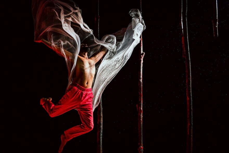 A topless man in red trousers is seemingly suspended in mid air, almost in flight, like a bird, with a clear material flowing around his upper body