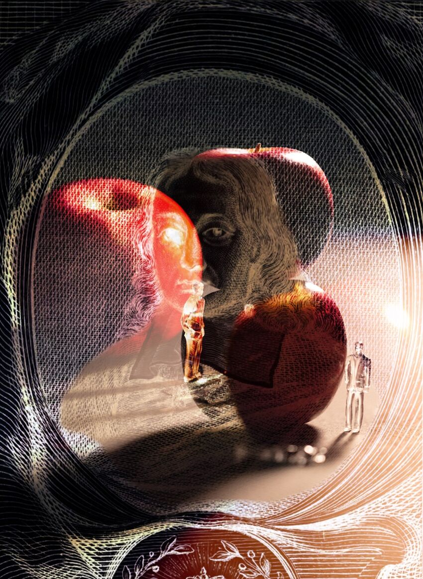 An etching of Milton, transposed over an image of some apples