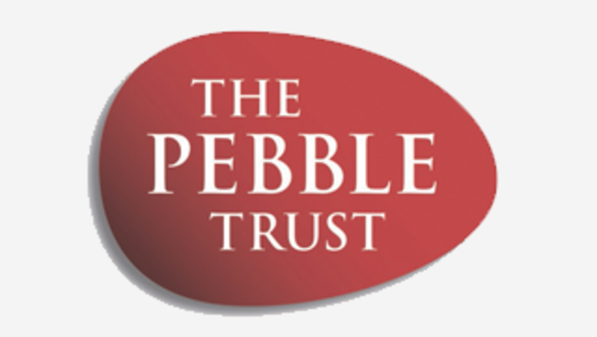 The Pebble Trust written in white text on a red pebble-shaped background