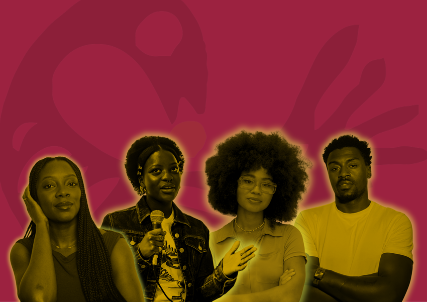 Cut outs of the four speakers for the Exploring Sankofa event against a red background