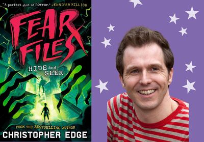 Christopher Edge smiling in front of a purple background with white stars. He is next to a photo of his book with the title 'Fear Files, Hide and Side'