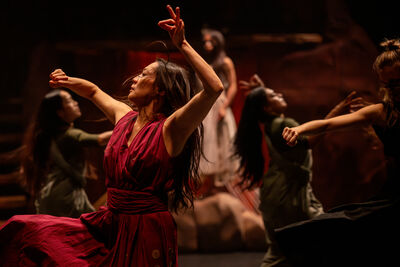 A lady in a red dress dances fiercely, looking to the side with both her arms raised in the air