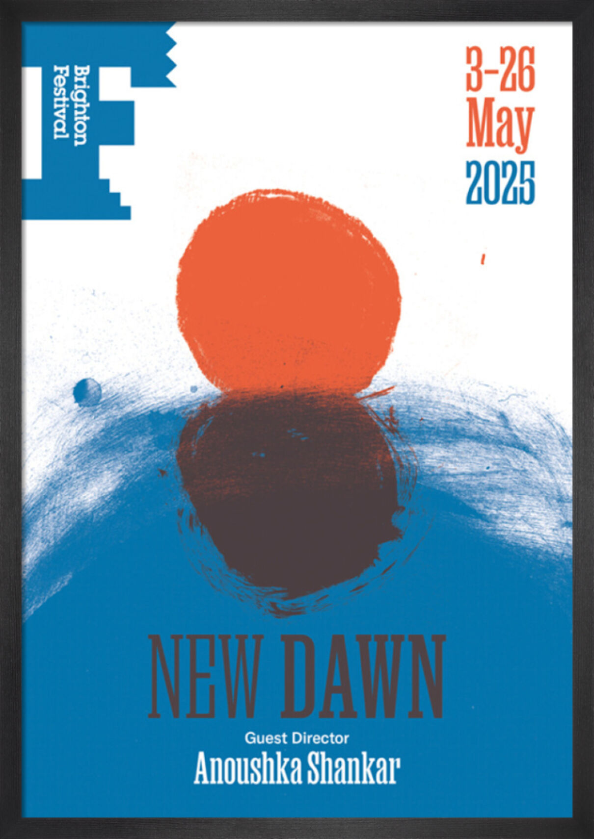 New Dawn blue, orange and white print