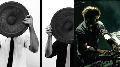 The left side of the image show two people in shirt and ties holding giant speakers in front of their faces. The right of the image shows a man with curly hair and glasses playing a synth keyboard