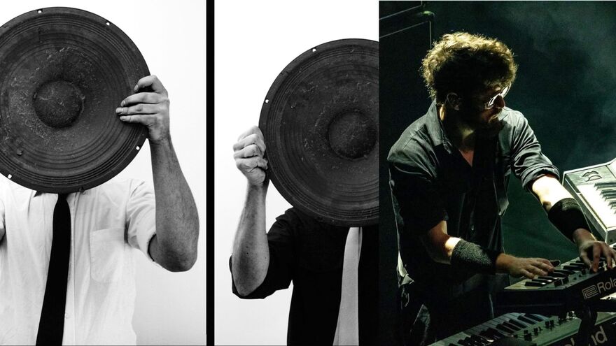 The left side of the image show two people in shirt and ties holding giant speakers in front of their faces. The right of the image shows a man with curly hair and glasses playing a synth keyboard