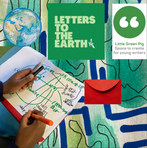 A collage including drawings, a photograph of a notebook and an illustration of the earth
