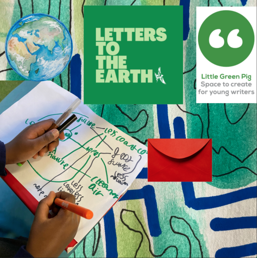 A collage including drawings, a photograph of a notebook and an illustration of the earth