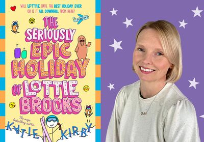 Katie Kirby in front of purple background with white stars. She is smiling. She is next to a photo of her book's front cover 'The Seriously Epic Holiday of Lottie Brooks'.