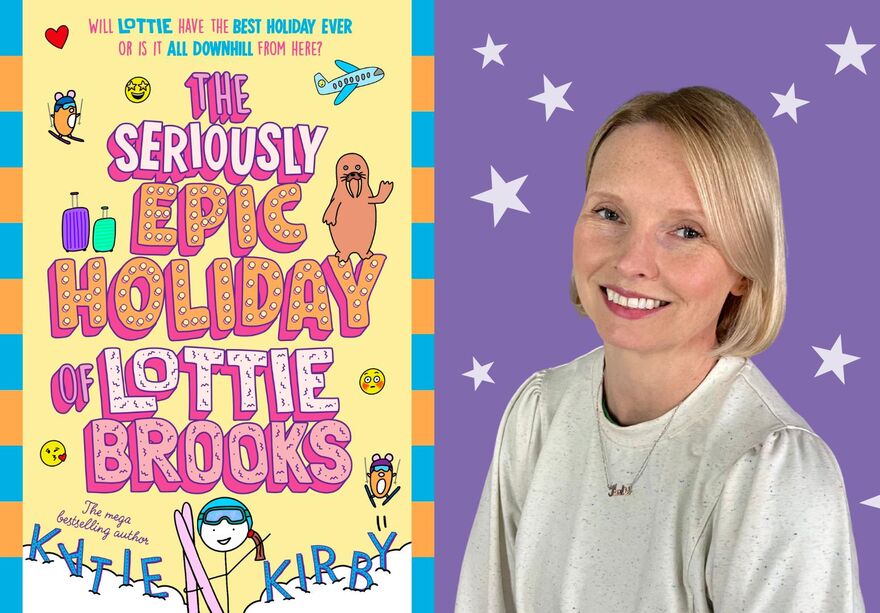Katie Kirby in front of purple background with white stars. She is smiling. She is next to a photo of her book's front cover 'The Seriously Epic Holiday of Lottie Brooks'.