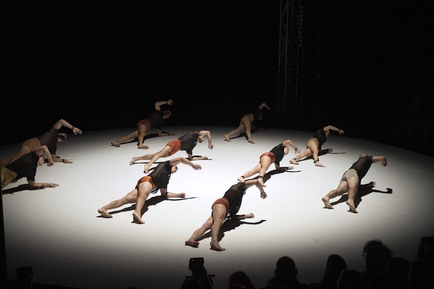In a large white spotlight, a group of acrobats lay on the floor, all with their right arms and half of their bodies lifted off the floor