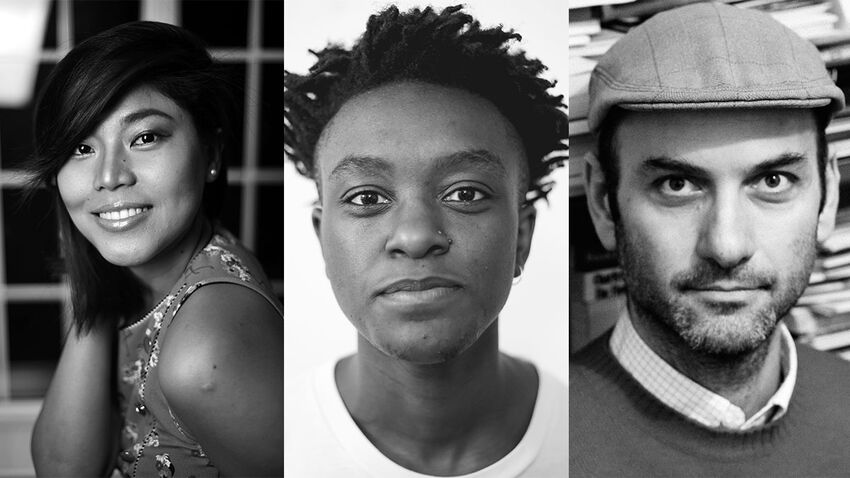 Headshot photos in black & white of (left to right) Romalyn Ante, Jay Bernard and Leo Boix
