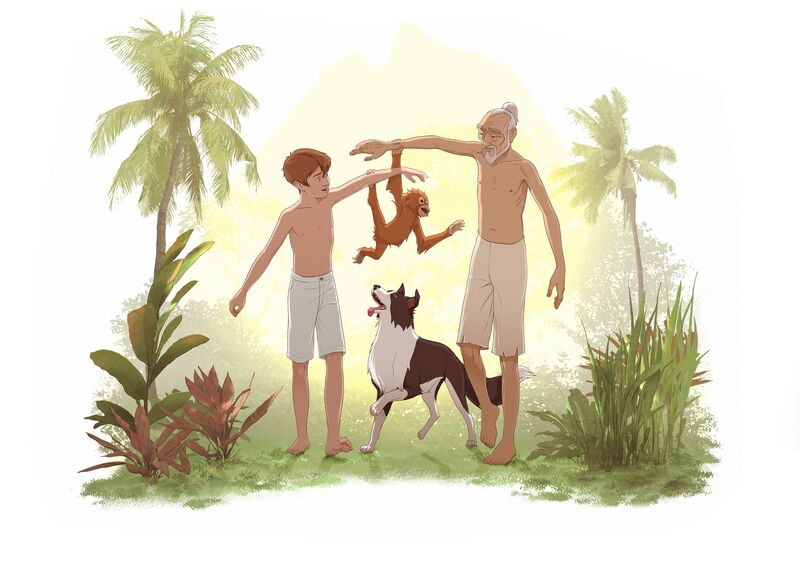 An older man with a younger boy, both wearing shorts and no top, walk along with a black and white dog between them, and a monkey hanging from their arms. They are surrounded by tropical looking trees and shrubs