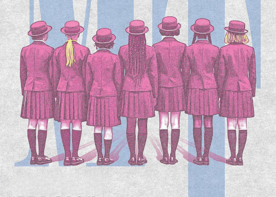 A row of school girls in pink uniforms with their backs to us