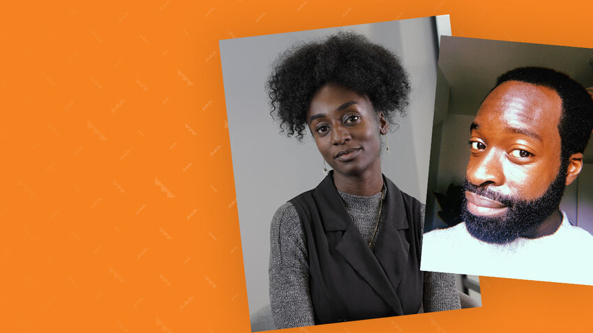 Two photographs of Zainab Kwaw-Swanzy & Christian Adofo on an orange background