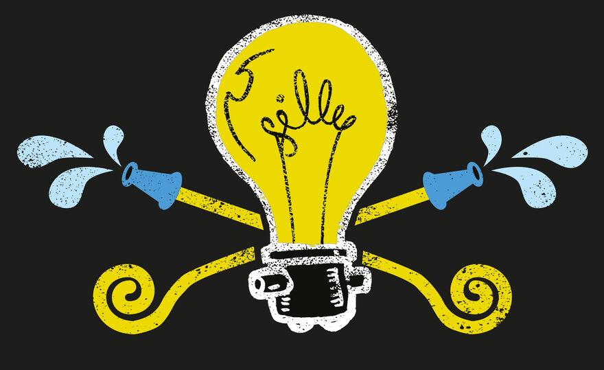 An illustration of a lightbulb with crossed hosepipes dripping water on a black background