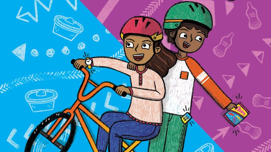 An illustration of a boy and girl riding a bike