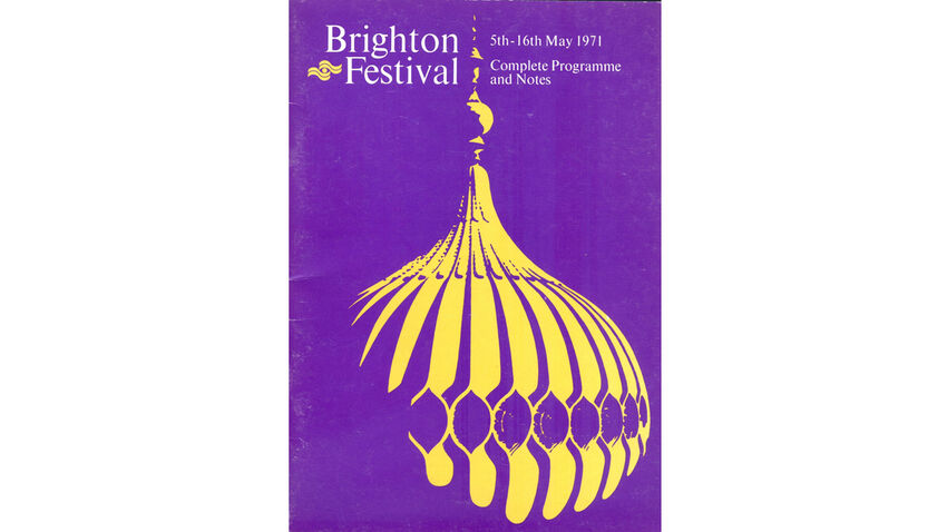 Brighton Festival 1971 brochure cover featuring a yellow dome of the royal pavilion on a purple background