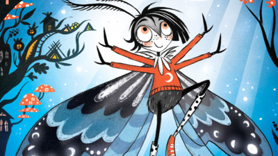 A half girl, half insect creature stands on one leg, her wings spread out low behind her