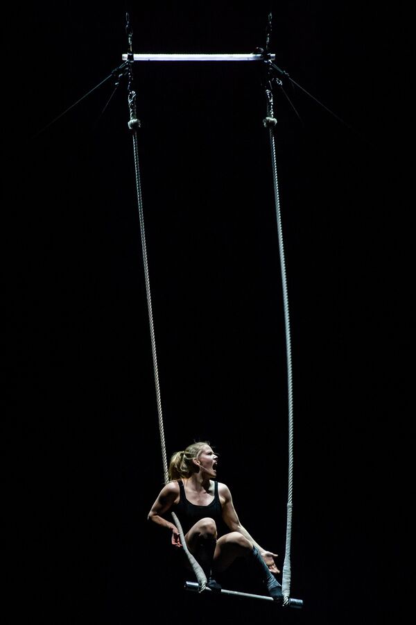 A woman in a black leotard sits on hanging bar held with aerial ropes 