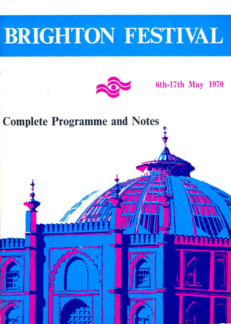 Brighton Festival Brochure cover for 1970: Duo tone blue and pink print of Brighton Dome 