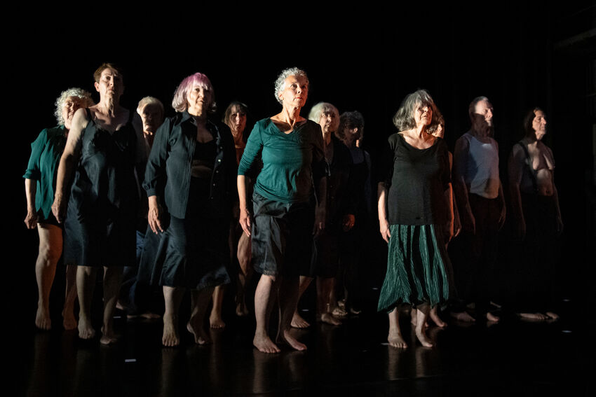 Dancers of Three Score Dance, a company of performers aged 60+, stand together in formation wearing black and dark green clothes
