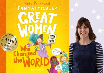 Illustrated children’s book cover for Fantastically Great Women, next to a smiling author portrait of a woman with short brown hair against a purple background with white stars.