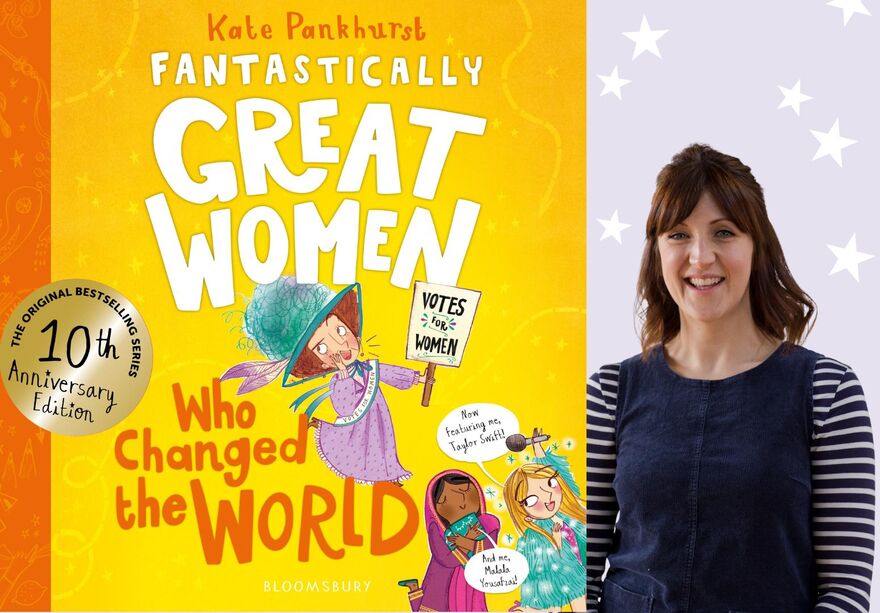 Illustrated children’s book cover for Fantastically Great Women, next to a smiling author portrait of a woman with short brown hair against a purple background with white stars.